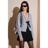 Lela Premium Boncuk ve Fiyonk Detaylı Regular Fit V Yaka Triko Bayan Hırka 680HI00180 GRİ