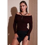 Lela Premium Fitted Fit Carmen Yaka Ip Askı Detaylı Triko Kazak Bayan Kazak 680KZ00076 - Bordo