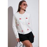 Lela Premium Regular Fit Bisiklet Yaka Kiraz Süslemeli Bayan Hırka 6802939A EKRU