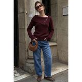Lela Premium Regular Fit Kayık Yaka Düğme Detaylı Kazak Bayan Kazak 680KZ002563 - Bordo - S