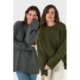 Lela Regular Fit Bisiklet Yaka Basic 2'Li Paket Triko Bayan Kazak 4616213S2 Antrasit-Haki