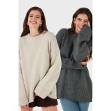 Lela Regular Fit Bisiklet Yaka Basic 2'Li Paket Triko Bayan Kazak 4616213S2 Antrasit-Taş