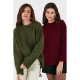Lela Regular Fit Bisiklet Yaka Basic 2'Li Paket Triko Bayan Kazak 4616213S2 Bordo-Haki