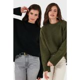 Lela Regular Fit Bisiklet Yaka Basic 2'li Paket Triko Bayan Kazak 4616213S2 HAKİ-SİYAH