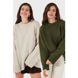 Lela Regular Fit Bisiklet Yaka Basic 2'li Paket Triko Bayan Kazak 4616213S2 HAKİ-TAŞ