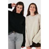 Lela Regular Fit Bisiklet Yaka Basic 2'Li Paket Triko Bayan Kazak 4616213S2 Siyah-Taş