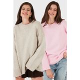 Lela Regular Fit Bisiklet Yaka Basic 2'li Paket Triko Bayan Kazak 4616213S2 TAŞ-TOZ PEMBE