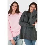 Lela Regular Fit Bisiklet Yaka Basic 2'Li Paket Triko Bayan Kazak 4616213S2 Toz Pembe-Antrasit