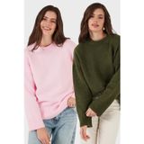 Lela Regular Fit Bisiklet Yaka Basic 2'li Paket Triko Bayan Kazak 4616213S2 Toz Pembe-Haki