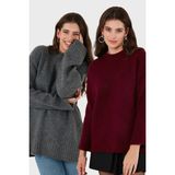 Lela Regular Fit Bisiklet Yaka Basic 2'li Paket Triko Kazak Bayan Kazak 4616213S2 - Antrasit - Bordo - Standart