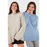 Lela Regular Fit Bisiklet Yaka Basic 2'li Paket Triko Kazak Bayan Kazak 4616213S2 - Bebe Mavisi - Krem - Standart