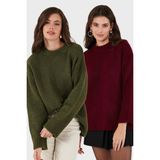 Lela Regular Fit Bisiklet Yaka Basic 2'li Paket Triko Kazak Bayan Kazak 4616213S2 - Bordo - Haki - Standart