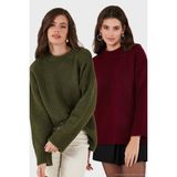 Lela Regular Fit Bisiklet Yaka Basic 2'li Paket Triko Kazak Bayan Kazak 4616213S2 - Bordo - Haki - Standart