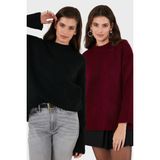 Lela Regular Fit Bisiklet Yaka Basic 2'li Paket Triko Kazak Bayan Kazak 4616213S2 - Bordo - Siyah - Standart