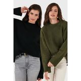 Lela Regular Fit Bisiklet Yaka Basic 2'li Paket Triko Kazak Bayan Kazak 4616213S2 - Haki - Siyah - Standart