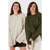 Lela Regular Fit Bisiklet Yaka Basic 2'li Paket Triko Kazak Bayan Kazak 4616213S2 - Haki - Taş - Standart