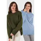 Lela Regular Fit Bisiklet Yaka Basic 2'li Paket Triko Kazak Bayan Kazak 4616213S2 - Mavi - Haki - Standart
