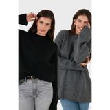 Lela Regular Fit Bisiklet Yaka Basic 2'li Paket Triko Kazak Bayan Kazak 4616213S2 - Siyah - Antrasit - Standart