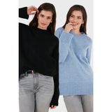 Lela Regular Fit Bisiklet Yaka Basic 2'li Paket Triko Kazak Bayan Kazak 4616213S2 - Siyah - Bebe Mavisi - Standart
