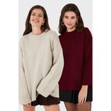 Lela Regular Fit Bisiklet Yaka Basic 2'li Paket Triko Kazak Bayan Kazak 4616213S2 - Taş - Bordo - Standart