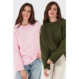 Lela Regular Fit Bisiklet Yaka Basic 2'li Paket Triko Kazak Bayan Kazak 4616213S2 - Toz Pembe Perlado - Standart