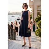 Lela Regular Fit Bisiklet Yaka Cepli Pileli Midi Boy Abiye Bayan Elbise 6111963 LACİVERT