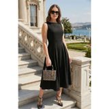 Lela Regular Fit Bisiklet Yaka Cepli Pileli Midi Boy Abiye Bayan Elbise 6111963 SİYAH