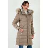 Lela Regular Fit Çıkarılabilir Kapüşonlu Fermuarlı Cepli Şişme Mont Kadın Mont 497EMİLY - Koyu Bej - S