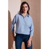Lela Regular Fit Çizgili Göğüs Cepli Dokulu Bayan Gömlek 6772870 İNDİGO