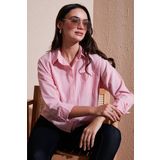Lela Regular Fit Çizgili Göğüs Cepli Dokulu Bayan Gömlek 6772870 Şeker Pembe