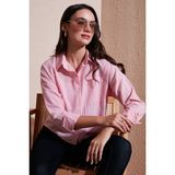 Lela Regular Fit Çizgili Göğüs Cepli Dokulu Gömlek Bayan Gömlek 6772870 - Şeker Pembesi - XL