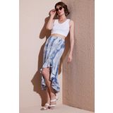 Lela Regular Fit Desenli Yüksek Bel Volanlı Midi Boy Yırtmaçlı Bayan Etek 5869013 İNDİGO