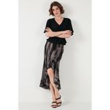 Lela Regular Fit Desenli Yüksek Bel Volanlı Midi Boy Yırtmaçlı Etek Bayan Etek 5869013 - Siyah