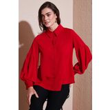 Lela Regular Fit Dikiş Detaylı Düz Yaka Balon Kol Bayan Gömlek 611GO00003 KIRMIZI