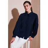 Lela Regular Fit Dikiş Detaylı Düz Yaka Balon Kol Bayan Gömlek 611GO00003 LACİVERT