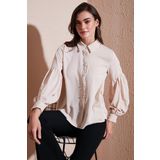 Lela Regular Fit Dikiş Detaylı Düz Yaka Balon Kol Bayan Gömlek 611GO00003 TAŞ