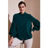 Lela Regular Fit Dikiş Detaylı Düz Yaka Balon Kol Bayan Gömlek 611GO00003 ZÜMRÜT