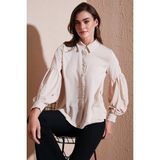 Lela Regular Fit Dikiş Detaylı Düz Yaka Balon Kol Gömlek Bayan Gömlek 611GO00003 - Taş