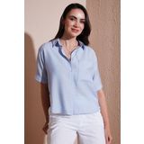 Lela Regular Fit Göğüs Cepli Kısa Kollu Bayan Gömlek 6779324 BEBE MAVİ