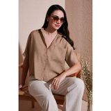 Lela Regular Fit Göğüs Cepli Kısa Kollu Bayan Gömlek 6779324 BİSKÜVİ