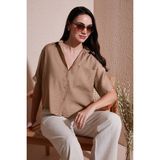 Lela Regular Fit Göğüs Cepli Kısa Kollu Gömlek Bayan Gömlek 6779324 - Bisküvi