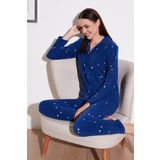 Lela Regular Fit Gömlek Yaka Önden Düğmeli Polar Bayan Pijama Takımı 6571009W4 LACİVERT