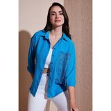 Lela Regular Fit Güpürlü Cep Detaylı Uzun Kollu Bayan Gömlek 6773215 MAVİ