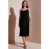 Lela Regular Fit İp Askılı Yırtmaç Detaylı Midi Bayan Elbise 5866128 SİYAH