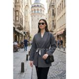 Lela Regular Fit Kruvaze Yaka Fular Kemerli Blazer Bayan Ceket 6927673 ANTRASİT
