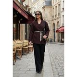Lela Regular Fit Kruvaze Yaka Fular Kemerli Blazer Ceket Bayan Ceket 6927673 - Mürdüm