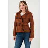 Lela Regular Fit Kruvaze Yaka Kuşaklı Süet Dokulu Ceket Bayan Ceket 6839640 - Taba - M