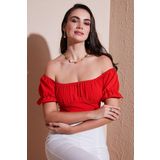 Lela Regular Fit Madonna Yaka Bağlama Detaylı Crop Bayan Bluz 6527017 NAR ÇİÇEĞİ