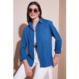 Lela Regular Fit Tek Cepli Önü Kısa Arkası Uzun Krinkıl Bayan Gömlek 6772752 İNDİGO