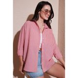 Lela Regular Fit Uzun Kollu Cepli Çizgili Bayan Gömlek 6772895 KIRMIZI